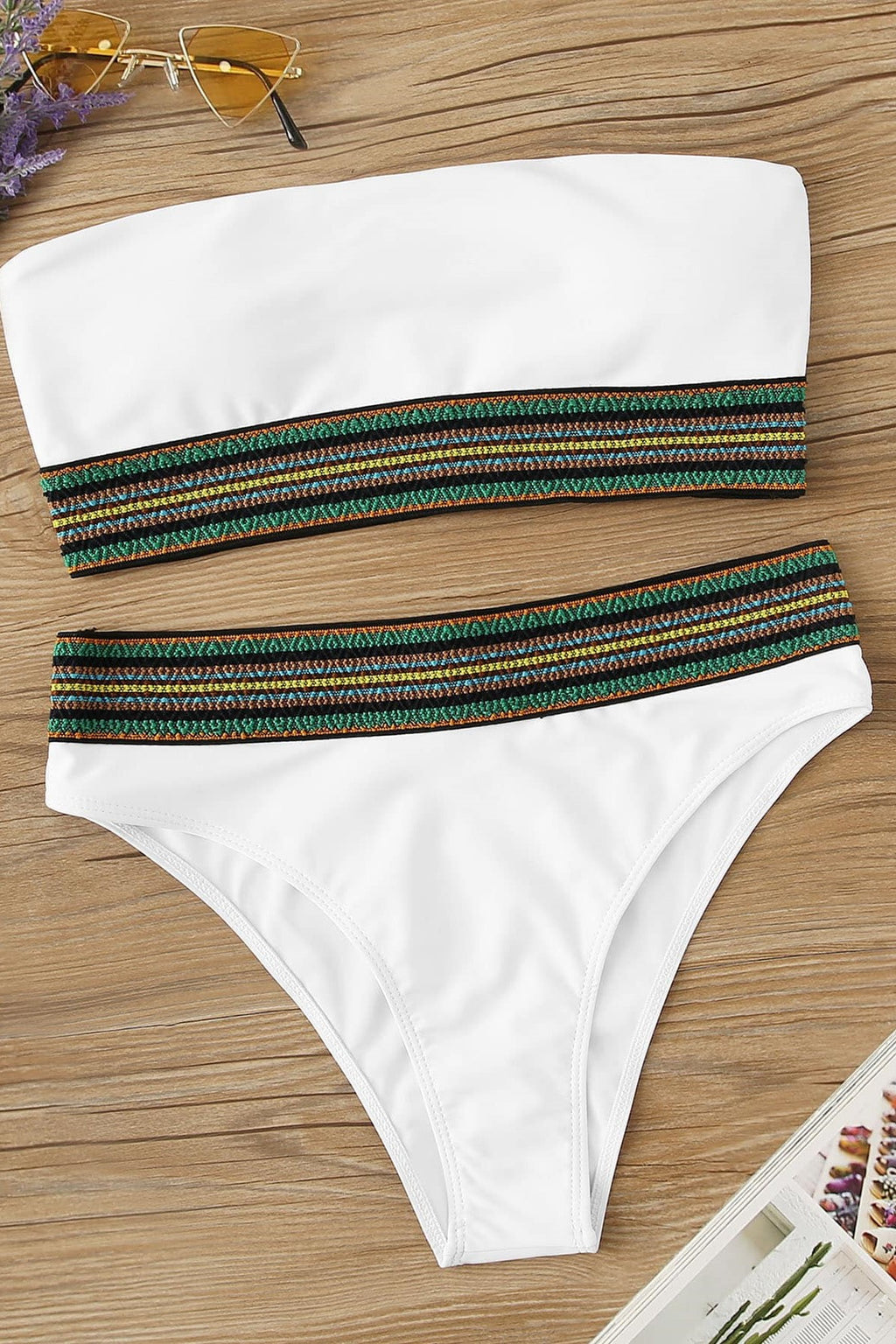 White Striped Bandeau Bikini Set