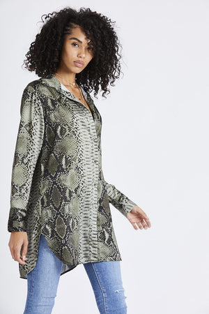 Satin Snake Long Shirt - Khaki