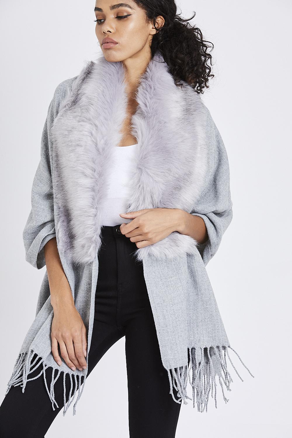 Fur Collar Shawl Grey