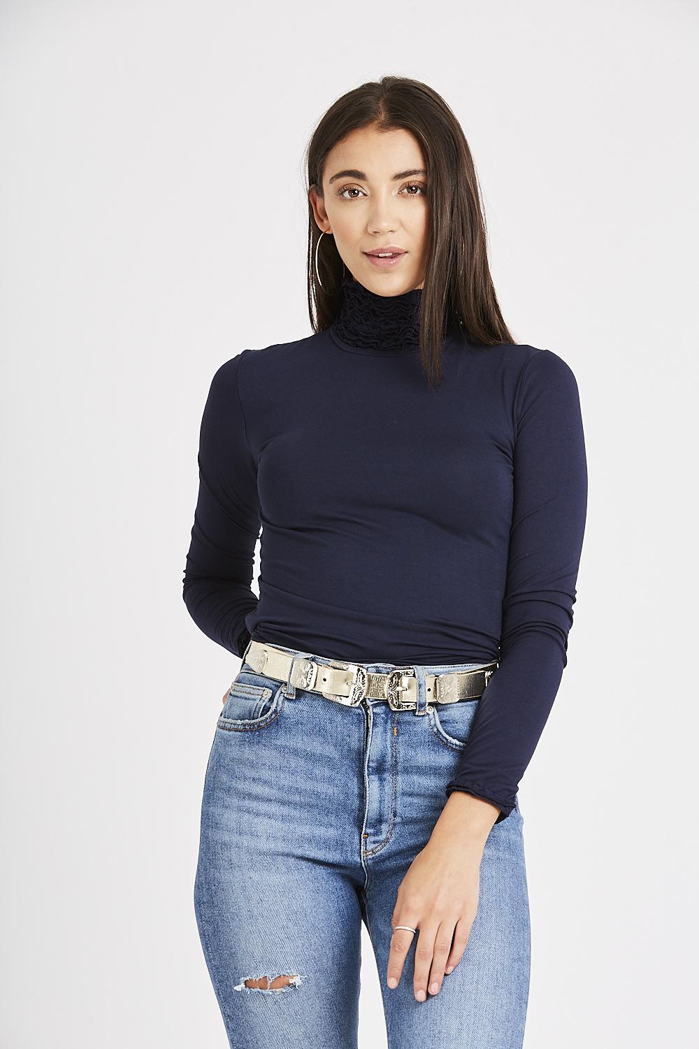 Katie Long Sleeve Ruffle Neck Top - Navy