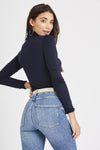 Katie Long Sleeve Ruffle Neck Top - Navy