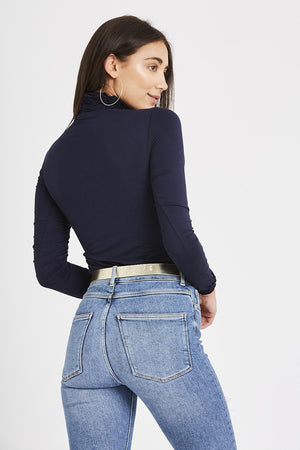Katie Long Sleeve Ruffle Neck Top - Navy