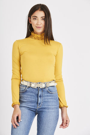 Katie Long Sleeve Ruffle Neck Top - Mustard