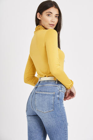 Katie Long Sleeve Ruffle Neck Top - Mustard
