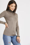 Katie Long Sleeve Ruffle Neck Top-Khaki