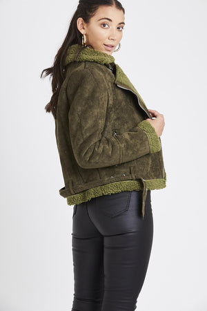 Kourt Khaki Suede Biker Jacket