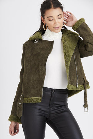 Kourt Khaki Suede Biker Jacket