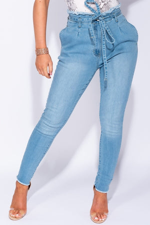 PaperBag Waist Self Belt Stretch Skinny Jeans