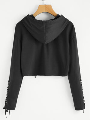Lace up Sleeve Black Crop Hoodie
