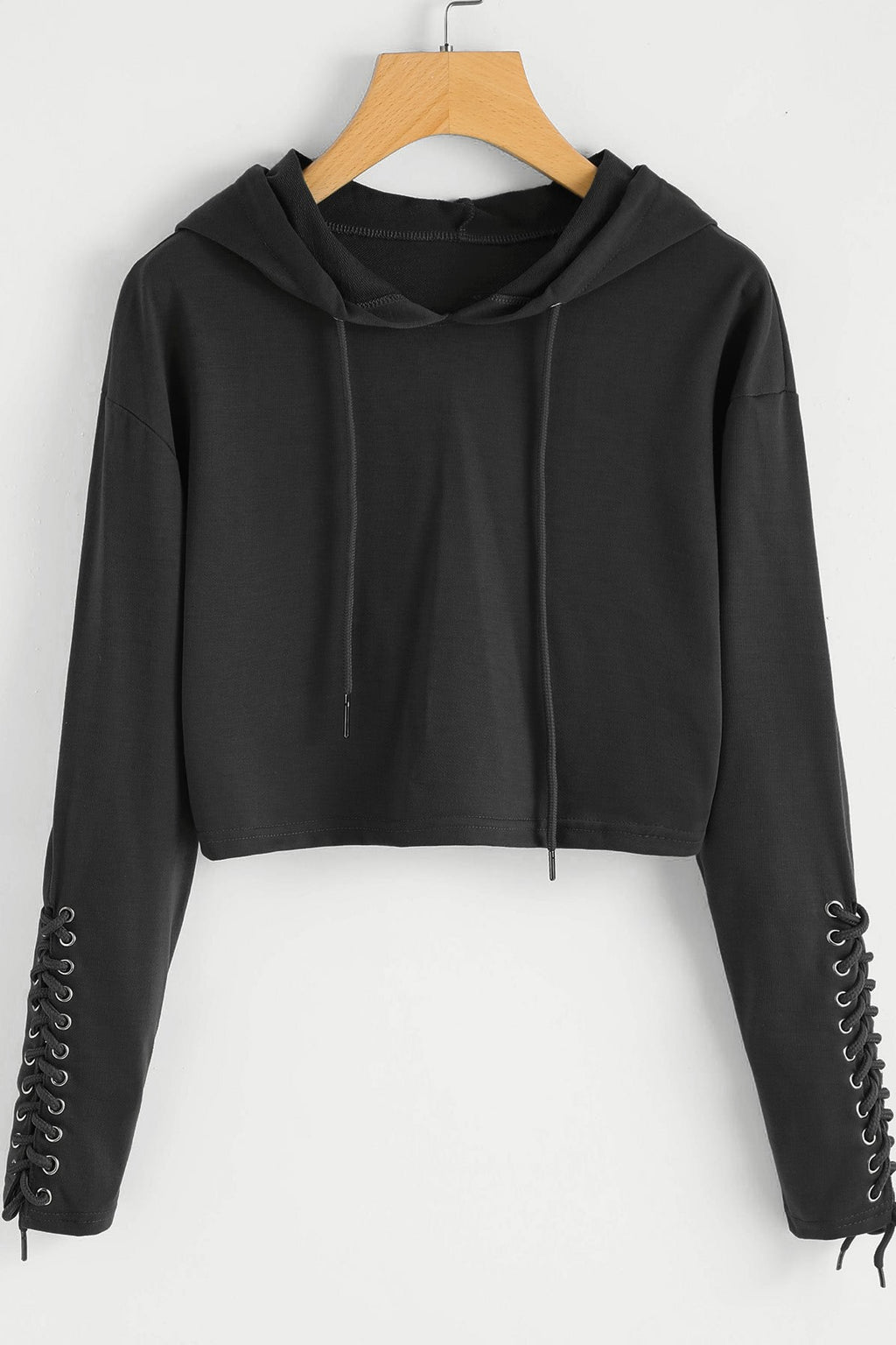 Lace up Sleeve Black Crop Hoodie