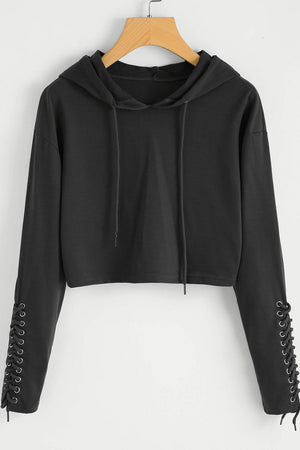 Lace up Sleeve Black Crop Hoodie